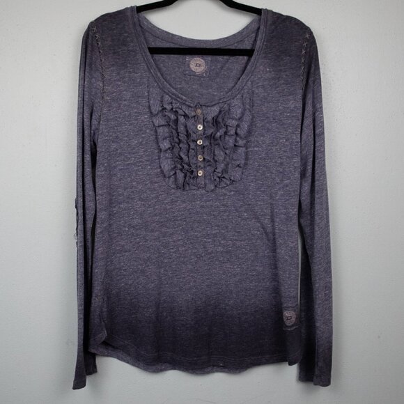 Double D Ranch blue ombré tuxedo ruffle long sleeve top-L - Picture 1 of 5